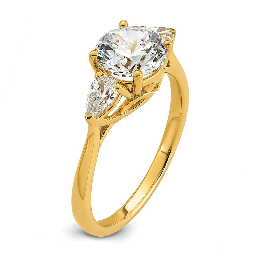 14K Yellow Or White Gold Lab Grown Diamond VS+ F+ Round with Pear Sidestones Complete Three Stone Engagement Ring