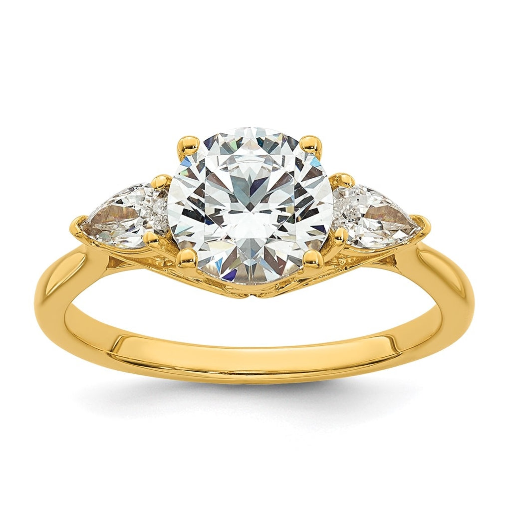 14K Yellow Or White Gold Lab Grown Diamond VS+ F+ Round with Pear Sidestones Complete Three Stone Engagement Ring