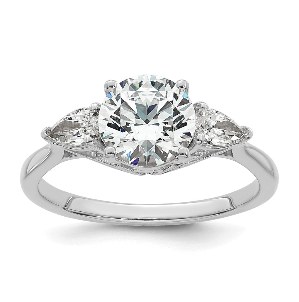 14K Yellow Or White Gold Certified Lab Grown Diamond VS+ F+ Round with Pear Sidestones Complete Three Stone Engagement Ring