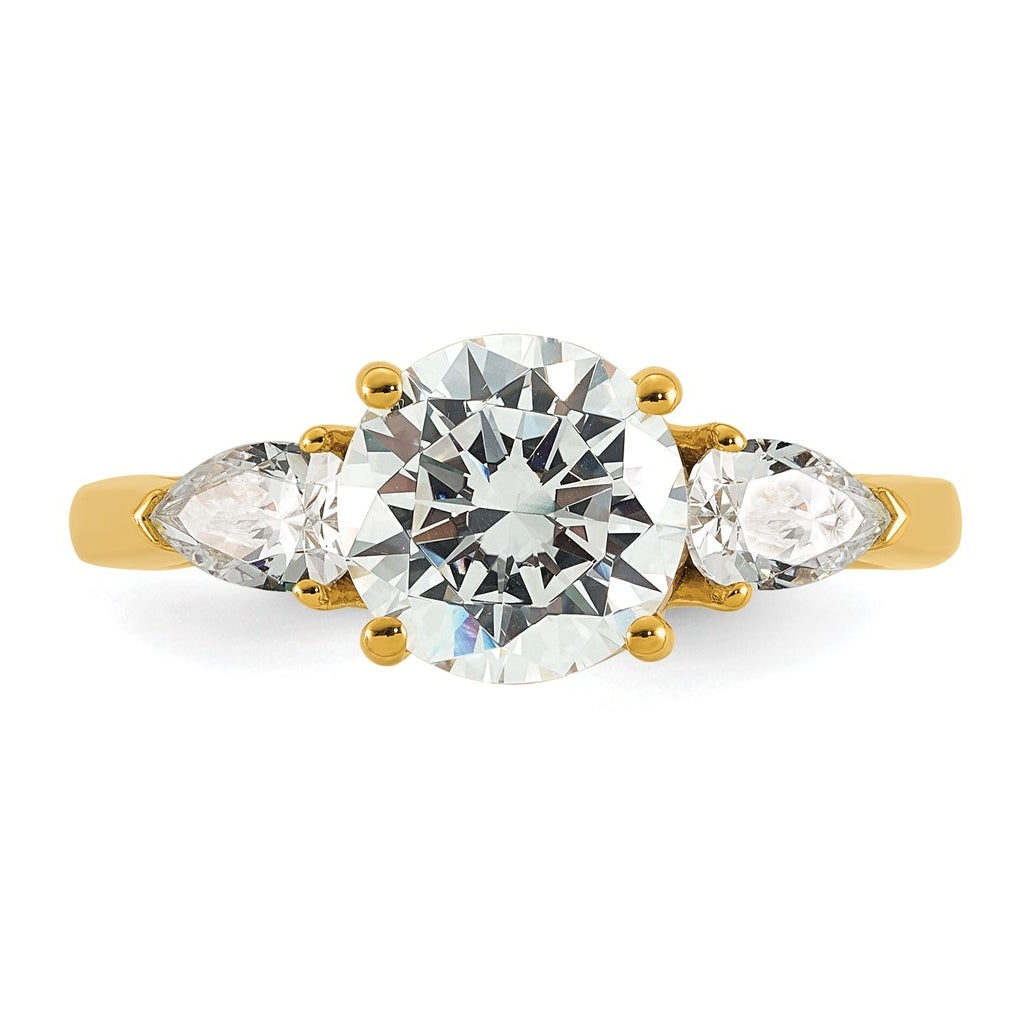 14K Yellow Or White Gold Lab Grown Diamond VS+ F+ Round with Pear Sidestones Complete Three Stone Engagement Ring