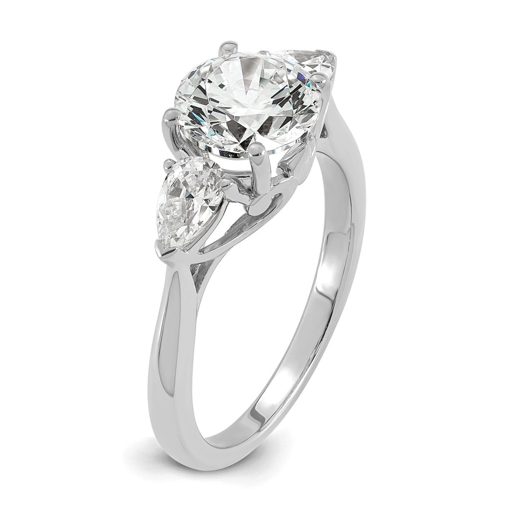14K Yellow Or White Gold Certified Lab Grown Diamond VS+ F+ Round with Pear Sidestones Complete Three Stone Engagement Ring