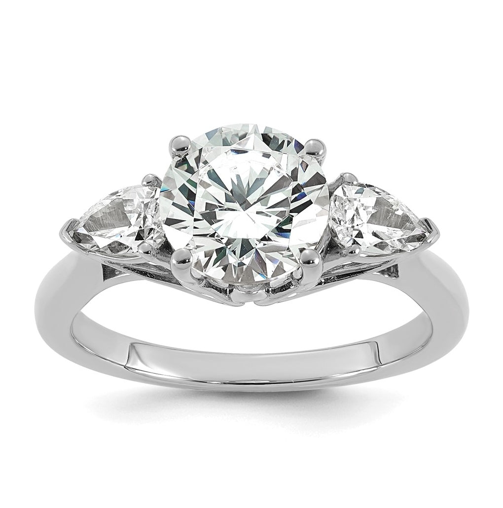 14K Yellow Or White Gold Certified Lab Grown Diamond VS+ F+ Round with Pear Sidestones Complete Three Stone Engagement Ring