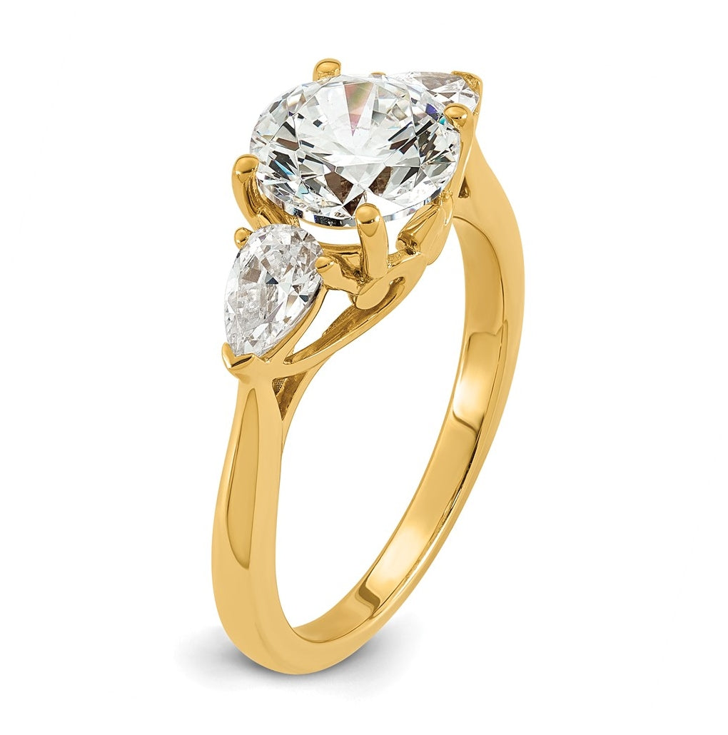 14K Yellow Or White Gold Certified Lab Grown Diamond VS+ F+ Round with Pear Sidestones Complete Three Stone Engagement Ring