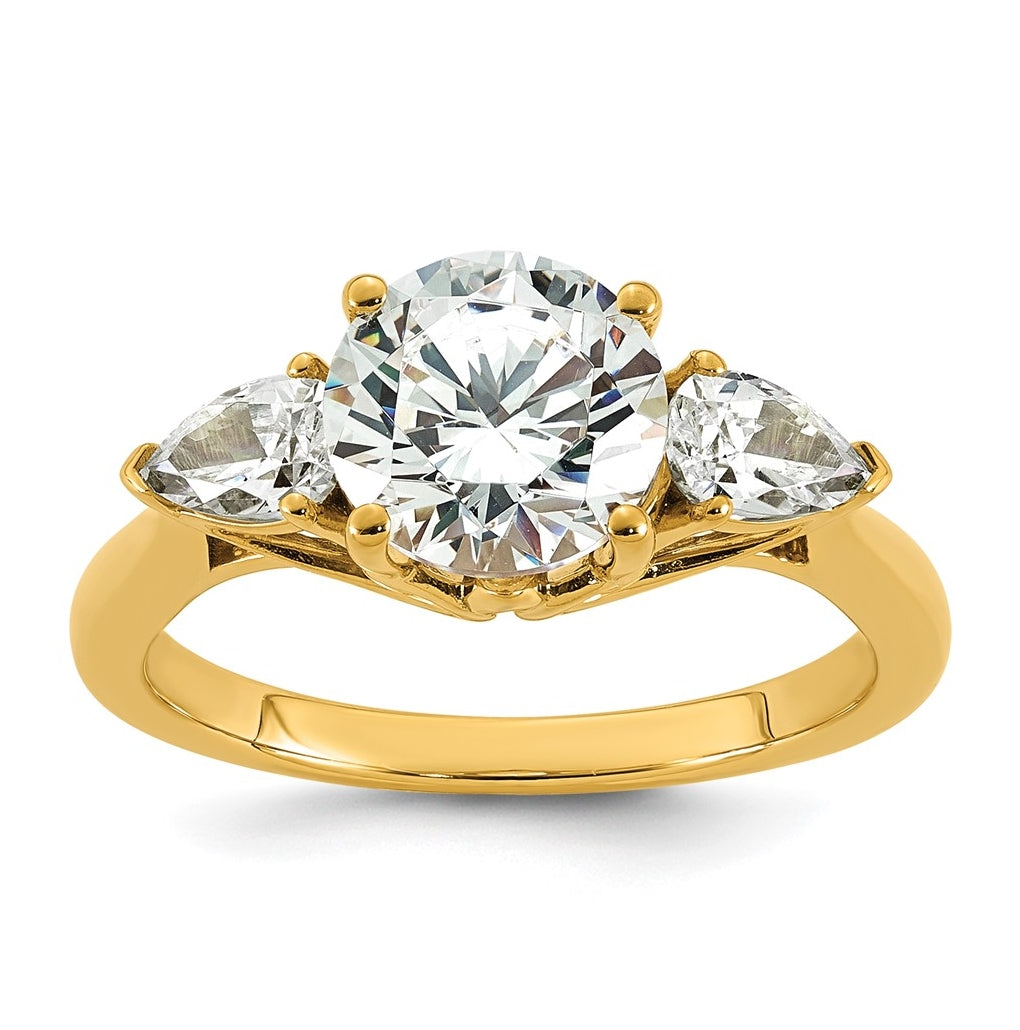 14K Yellow Or White Gold Certified Lab Grown Diamond VS+ F+ Round with Pear Sidestones Complete Three Stone Engagement Ring