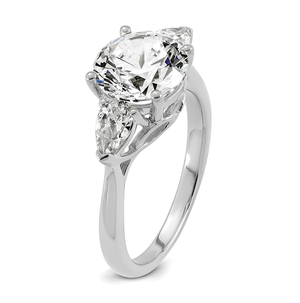 14K Yellow Or White Gold Lab Grown Diamond VS+ F+ Round with Pear Sidestones Complete Three Stone Engagement Ring