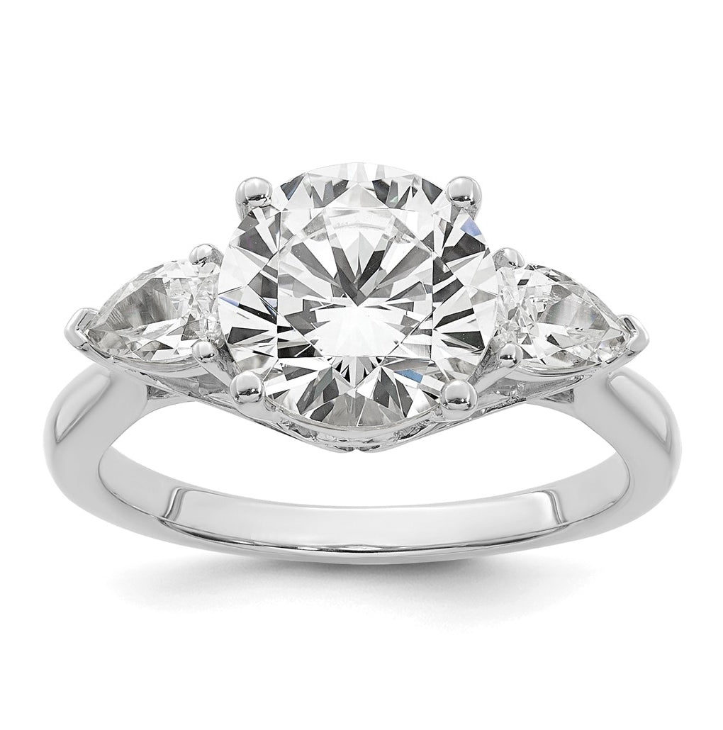 14K Yellow Or White Gold Lab Grown Diamond VS+ F+ Round with Pear Sidestones Complete Three Stone Engagement Ring
