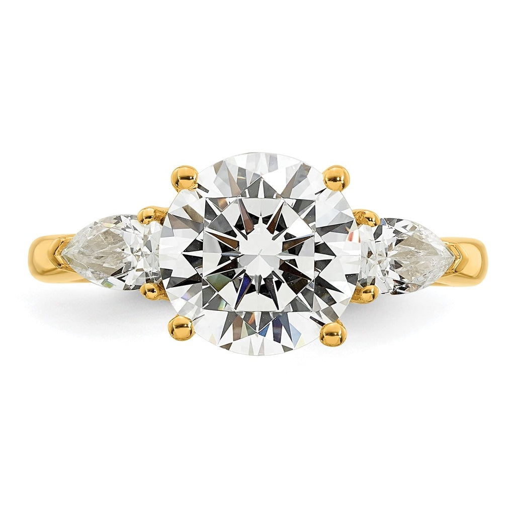 14K Yellow Or White Gold Lab Grown Diamond VS+ F+ Round with Pear Sidestones Complete Three Stone Engagement Ring