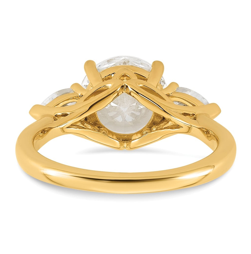 14K Yellow Or White Gold Lab Grown Diamond VS+ F+ Round with Pear Sidestones Complete Three Stone Engagement Ring