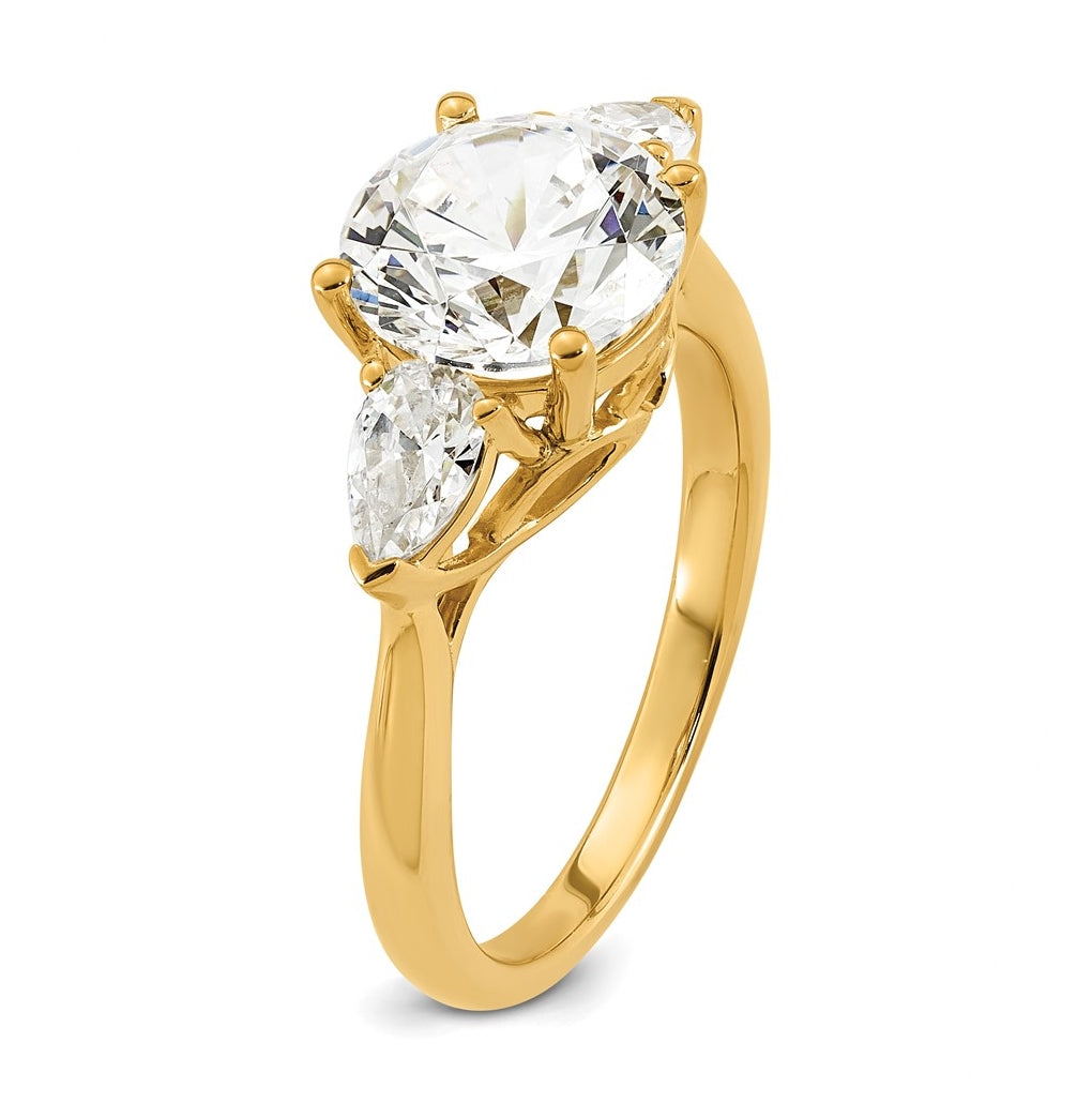 14K Yellow Or White Gold Certified Lab Grown Diamond VS+ F+ Round with Pear Sidestones Complete Three Stone Engagement Ring
