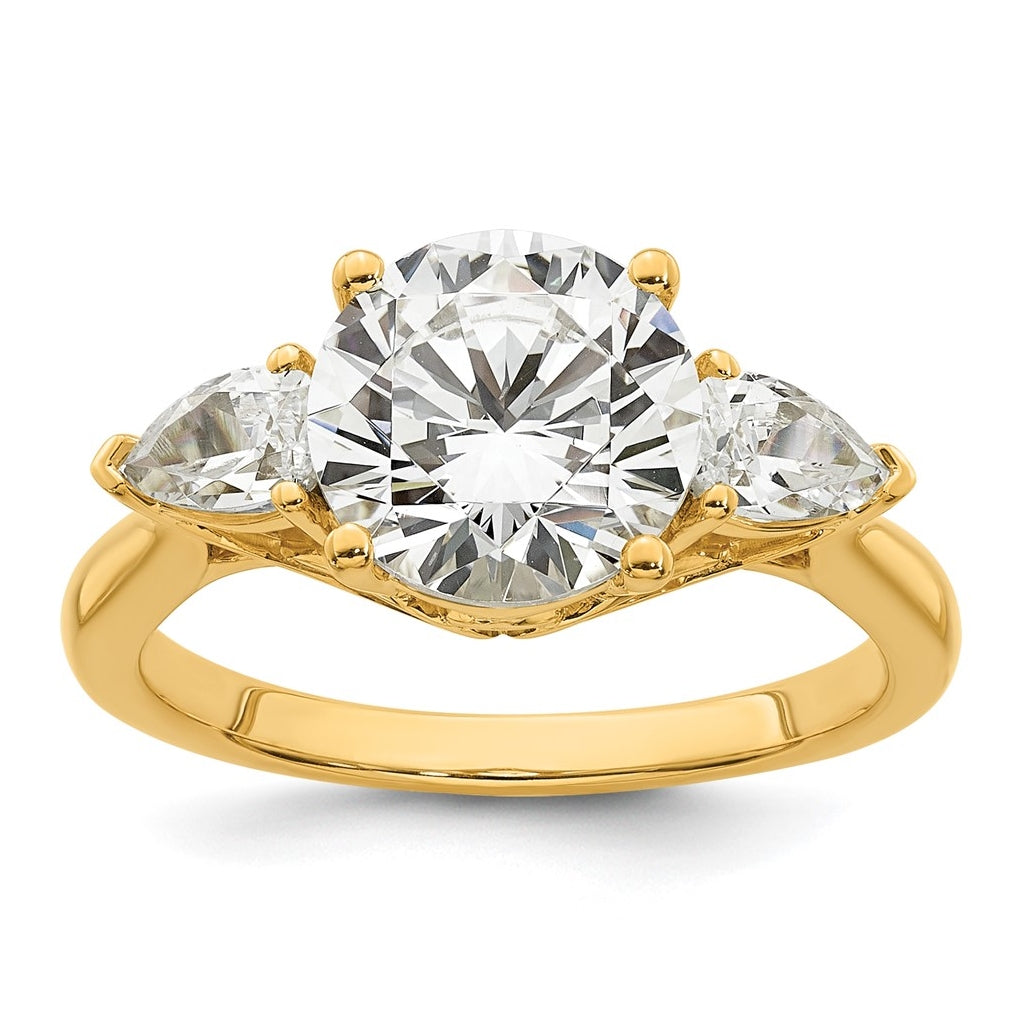 14K Yellow Or White Gold Certified Lab Grown Diamond VS+ F+ Round with Pear Sidestones Complete Three Stone Engagement Ring