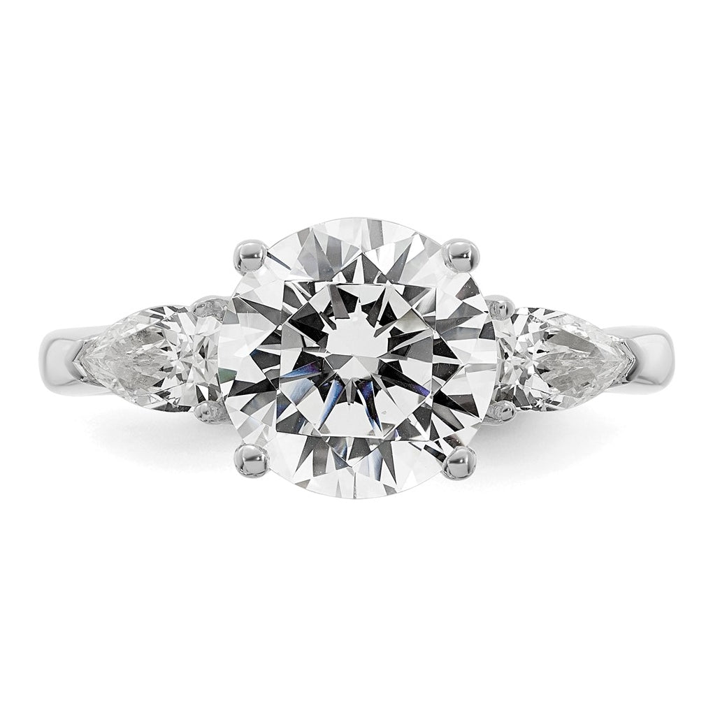 14K Yellow Or White Gold Lab Grown Diamond VS+ F+ Round with Pear Sidestones Complete Three Stone Engagement Ring