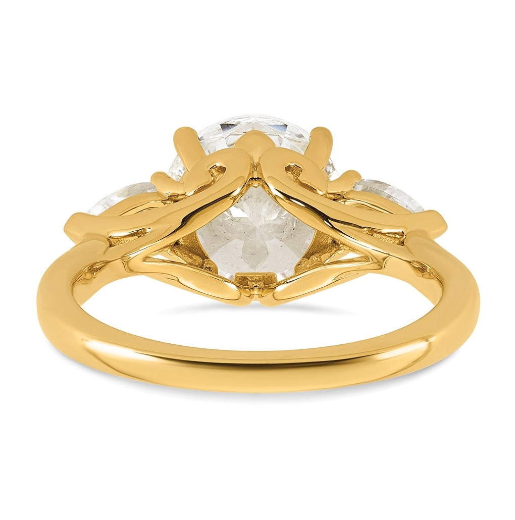 14K Yellow Or White Gold Lab Grown Diamond VS+ F+ Round with Pear Sidestones Complete Three Stone Engagement Ring
