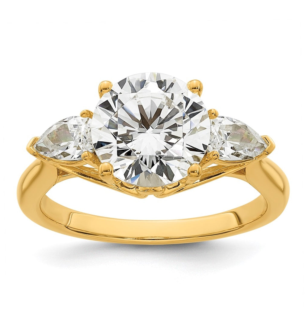14K Yellow Or White Gold Lab Grown Diamond VS+ F+ Round with Pear Sidestones Complete Three Stone Engagement Ring