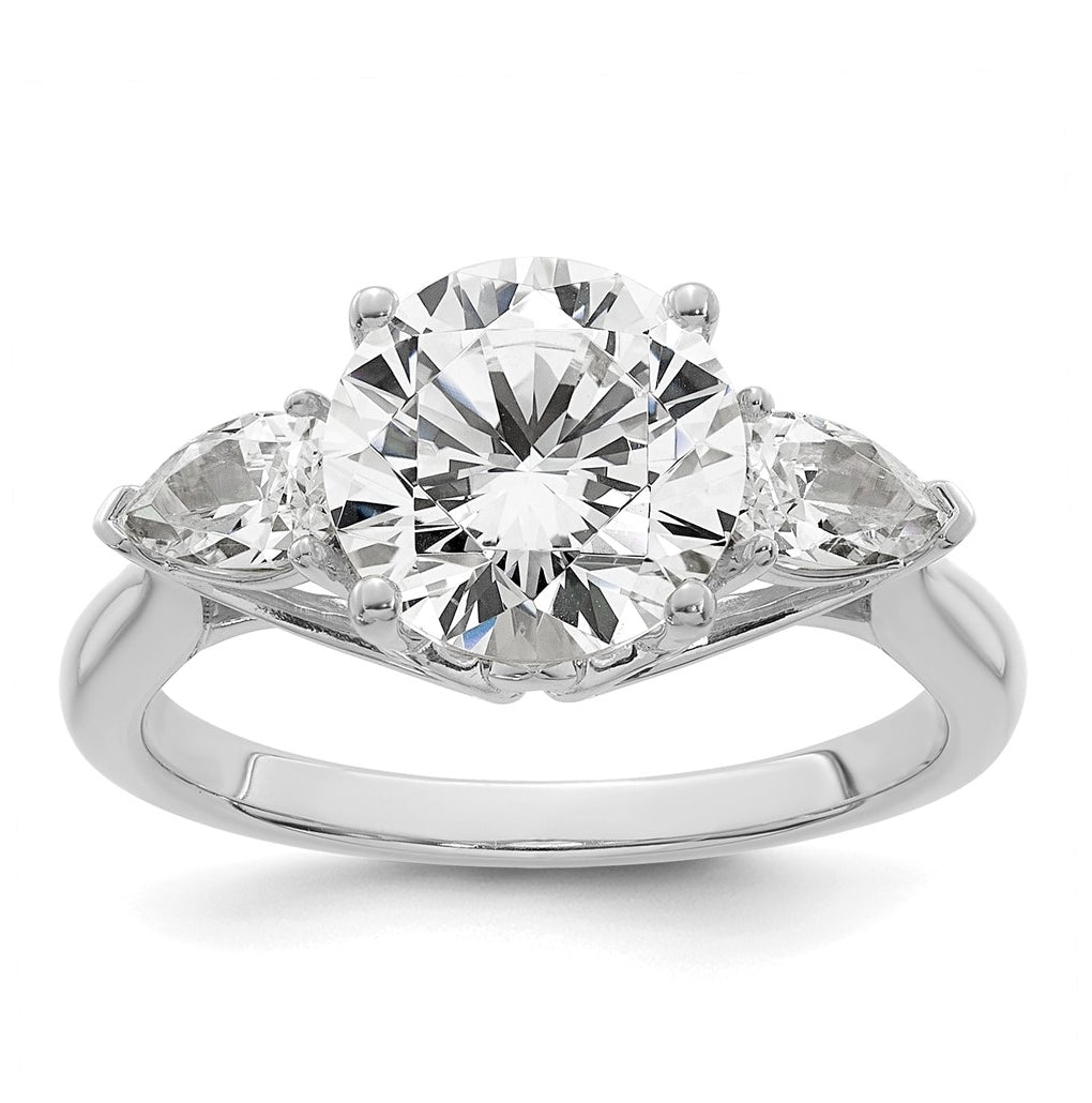 14K Yellow Or White Gold Certified Lab Grown Diamond VS+ F+ Round with Pear Sidestones Complete Three Stone Engagement Ring