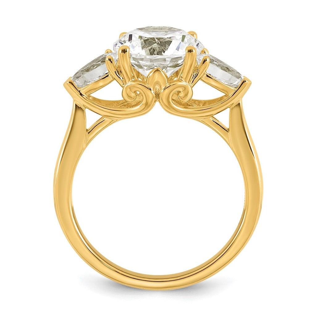 14K Yellow Or White Gold Certified Lab Grown Diamond VS+ F+ Round with Pear Sidestones Complete Three Stone Engagement Ring