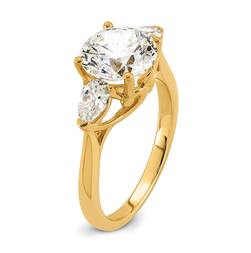 14K Yellow Or White Gold Certified Lab Grown Diamond VS+ F+ Round with Pear Sidestones Complete Three Stone Engagement Ring