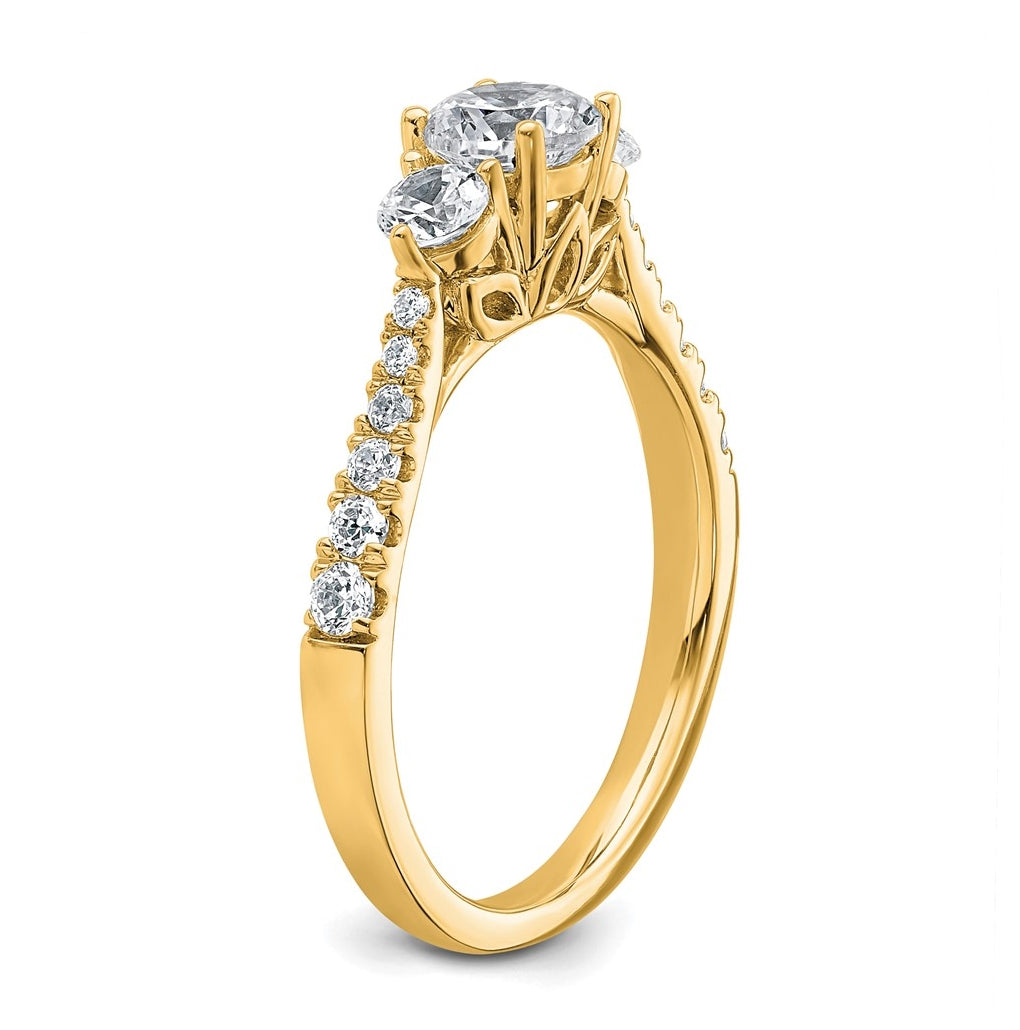 14k Yellow Gold 1 carat Lab Grown Diamond VS+ F+ Round Complete Three Stone Engagement Ring