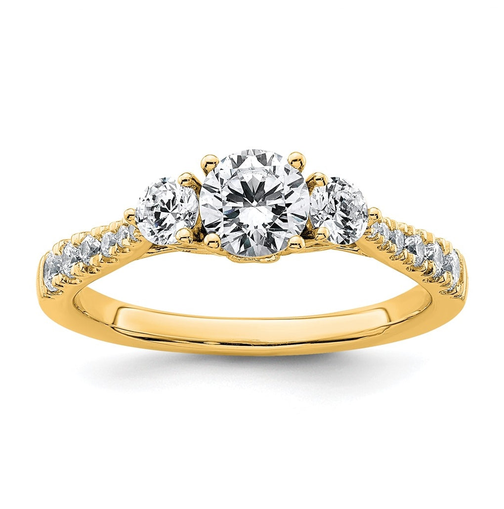 14k Yellow Gold 1 carat Lab Grown Diamond VS+ F+ Round Complete Three Stone Engagement Ring