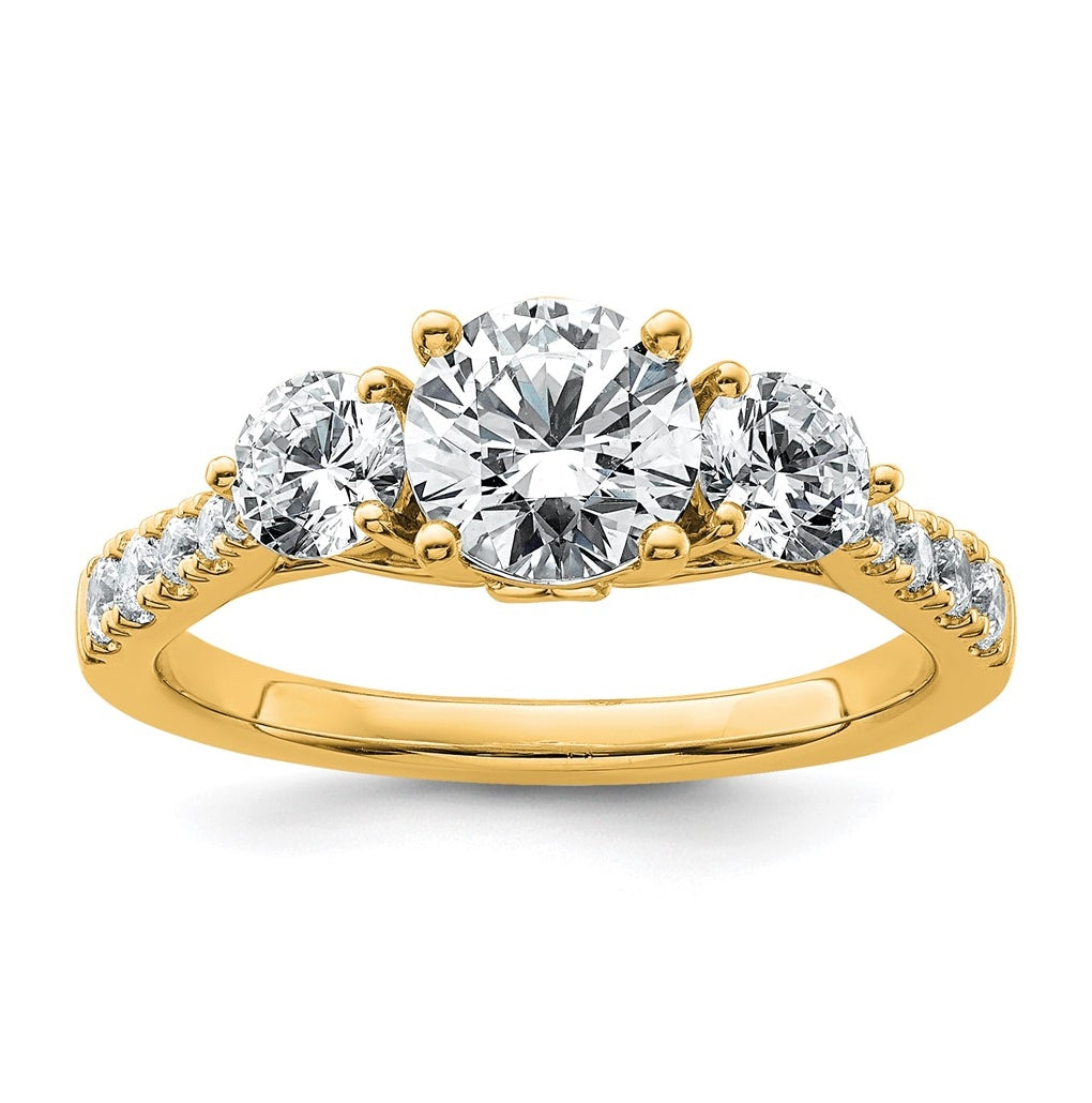 14k Yellow Gold 1 3/4 carat Certified Lab Grown Diamond VS+ F+ Round Complete Three Stone Engagement Ring