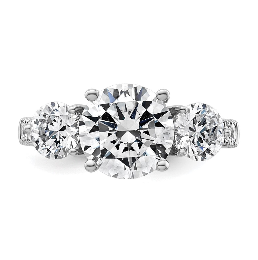 14k White Gold 4 carat Lab Grown Diamond VS+ F+ Round Complete Three Stone Engagement Ring