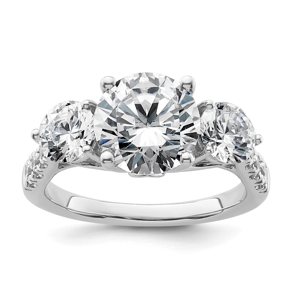 14k White Gold 4 carat Lab Grown Diamond VS+ F+ Round Complete Three Stone Engagement Ring