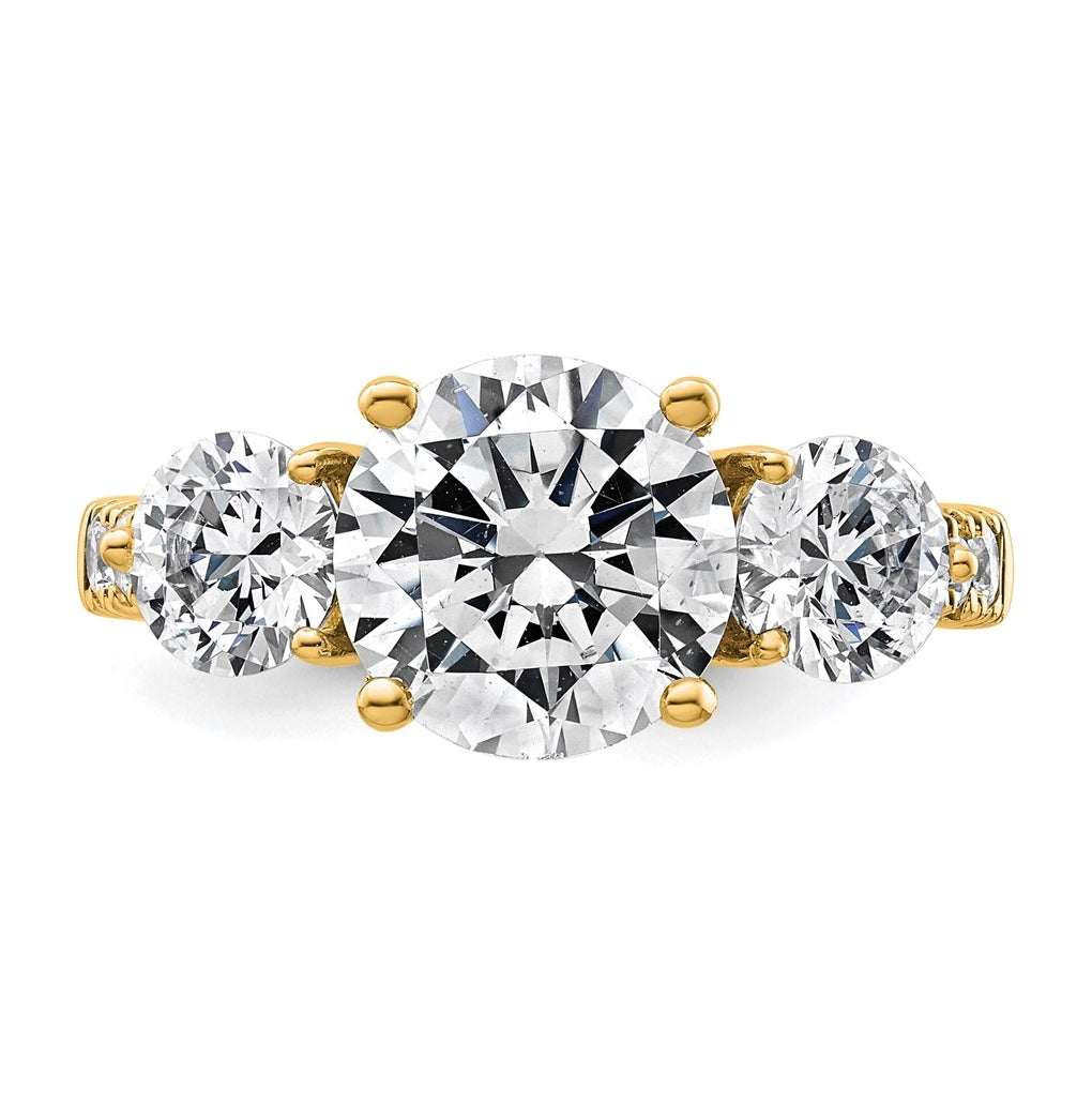14k Yellow Gold 4 carat Lab Grown Diamond VS+ F+ Round Complete Three Stone Engagement Ring