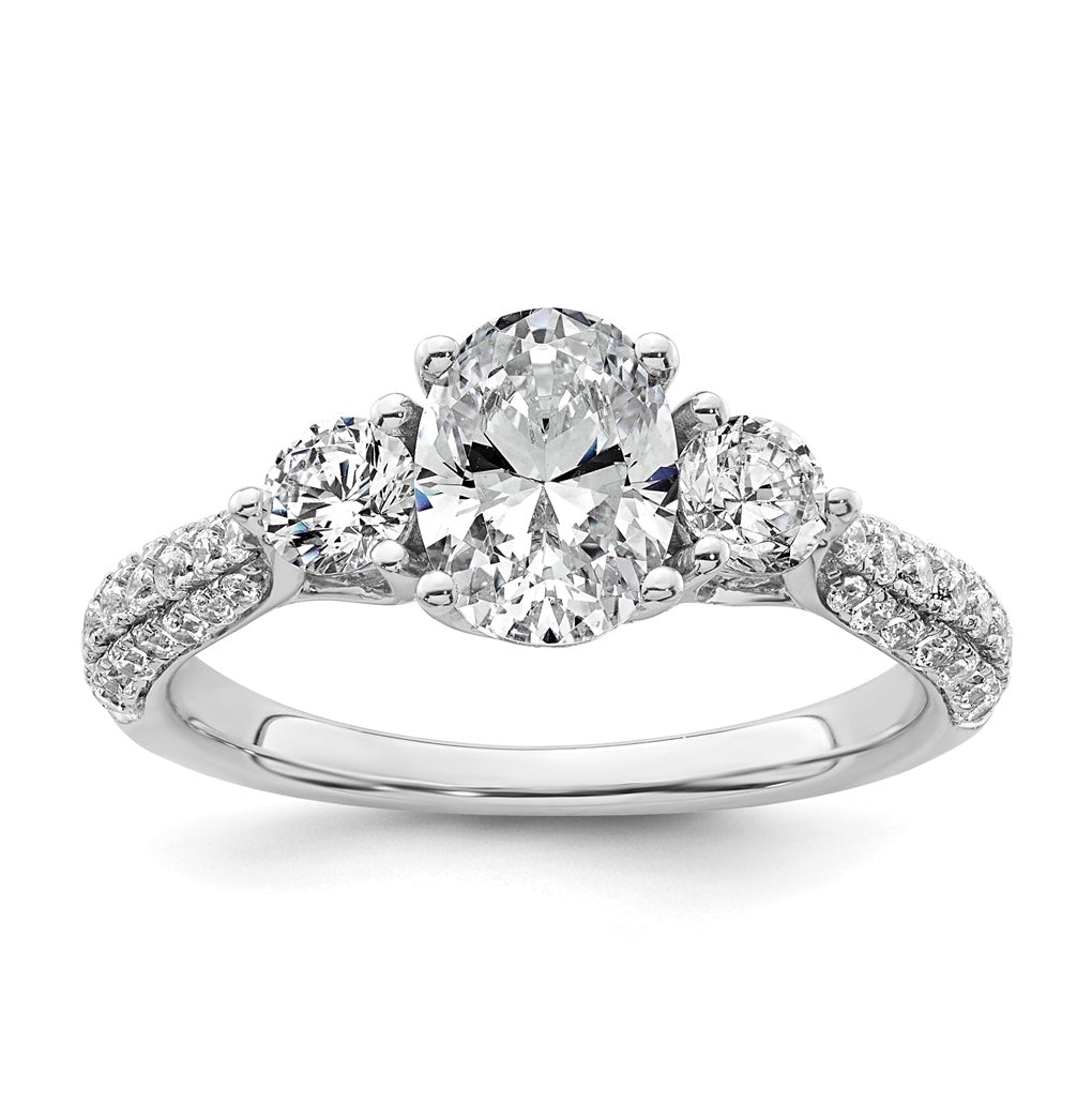 14k White Gold 1 3/4 carat Certified Lab Grown Diamond VS+ F+ Oval and Round Complete Three Stone Engagement Ring