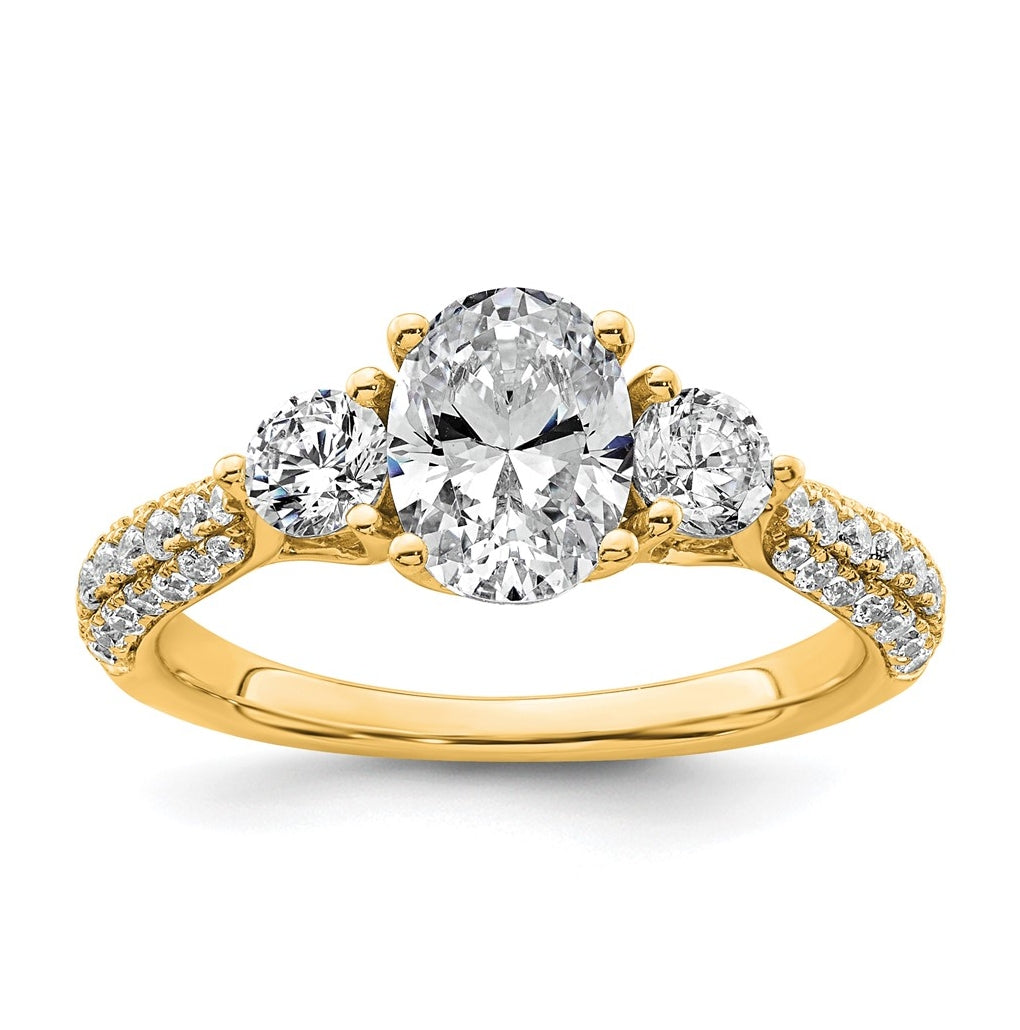 14k Yellow Gold 1 3/4 carat Certified Lab Grown Diamond VS+ F+ Oval and Round Complete Three Stone Engagement Ring