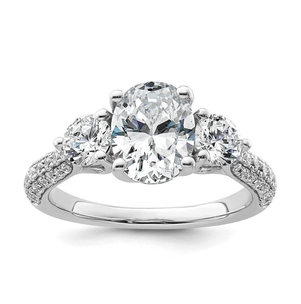 14k White Gold 2 1/2 carat Certified Lab Grown Diamond VS+ F+ Oval and Round Complete Three Stone Engagement Ring