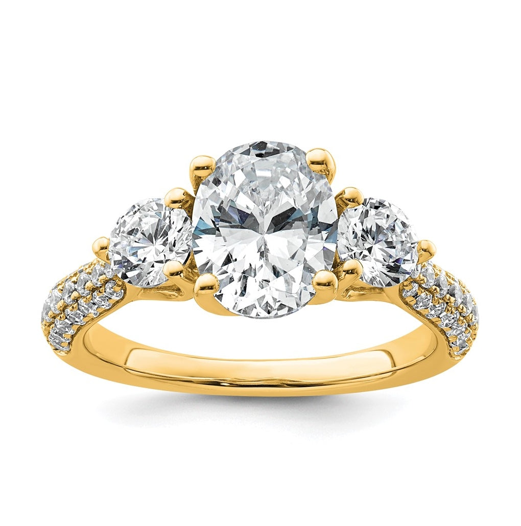 14k Yellow Gold 2 1/2 carat Certified Lab Grown Diamond VS+ F+ Oval and Round Complete Three Stone Engagement Ring