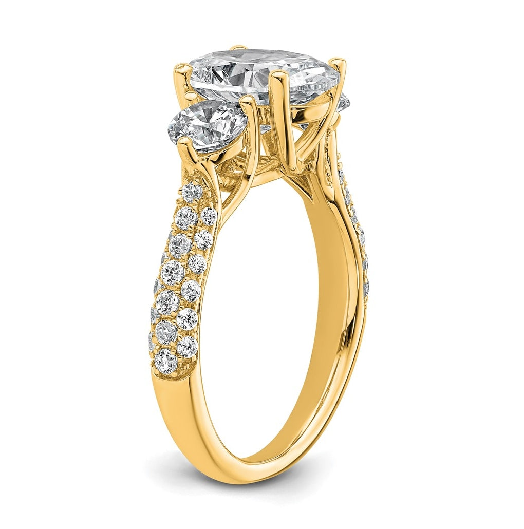 14k Yellow Gold 3 1/5 carat Certified Lab Grown Diamond VS+ F+ Oval and Round Complete Three Stone Engagement Ring