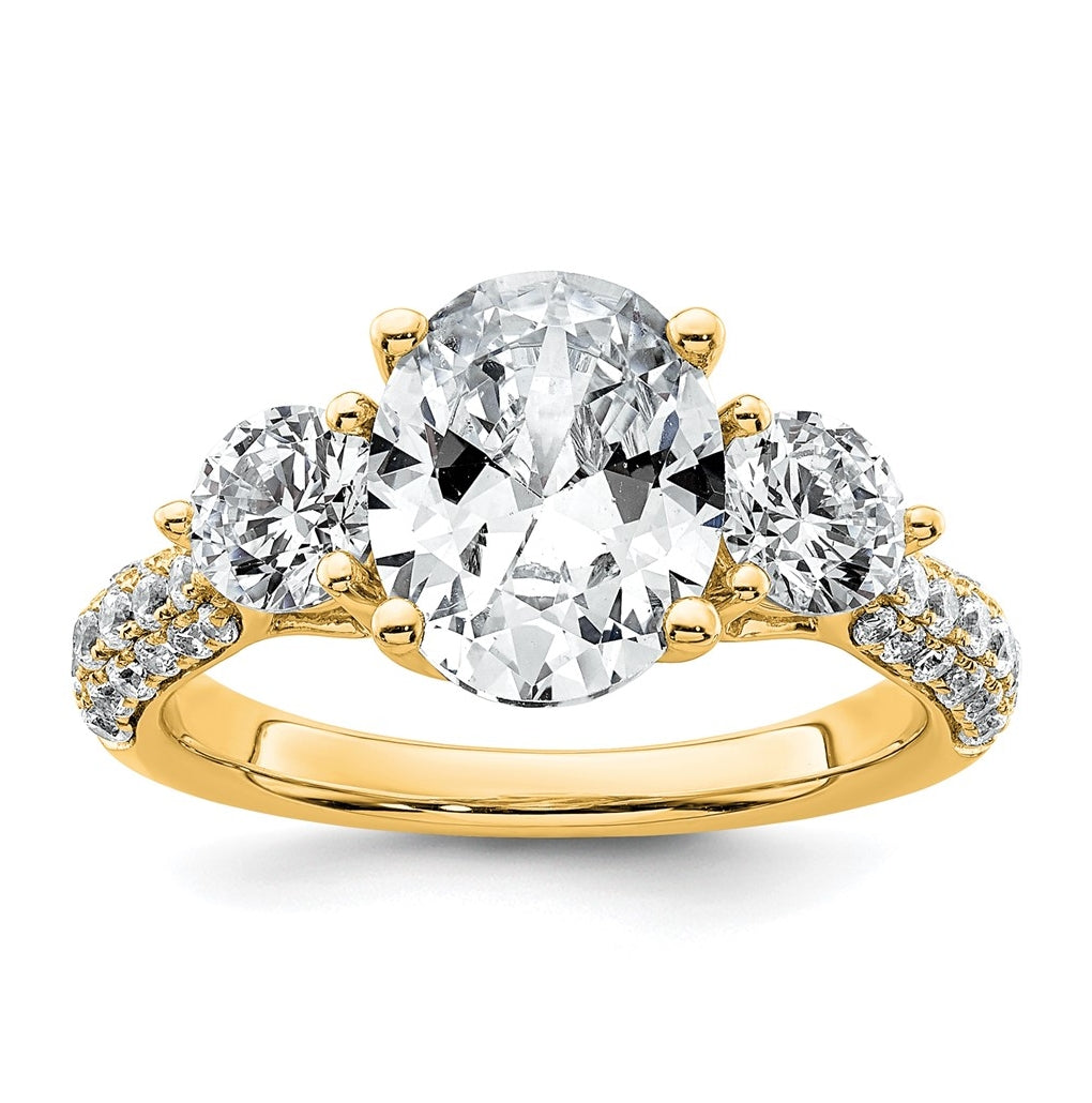 14k Yellow Gold 3 1/5 carat Certified Lab Grown Diamond VS+ F+ Oval and Round Complete Three Stone Engagement Ring