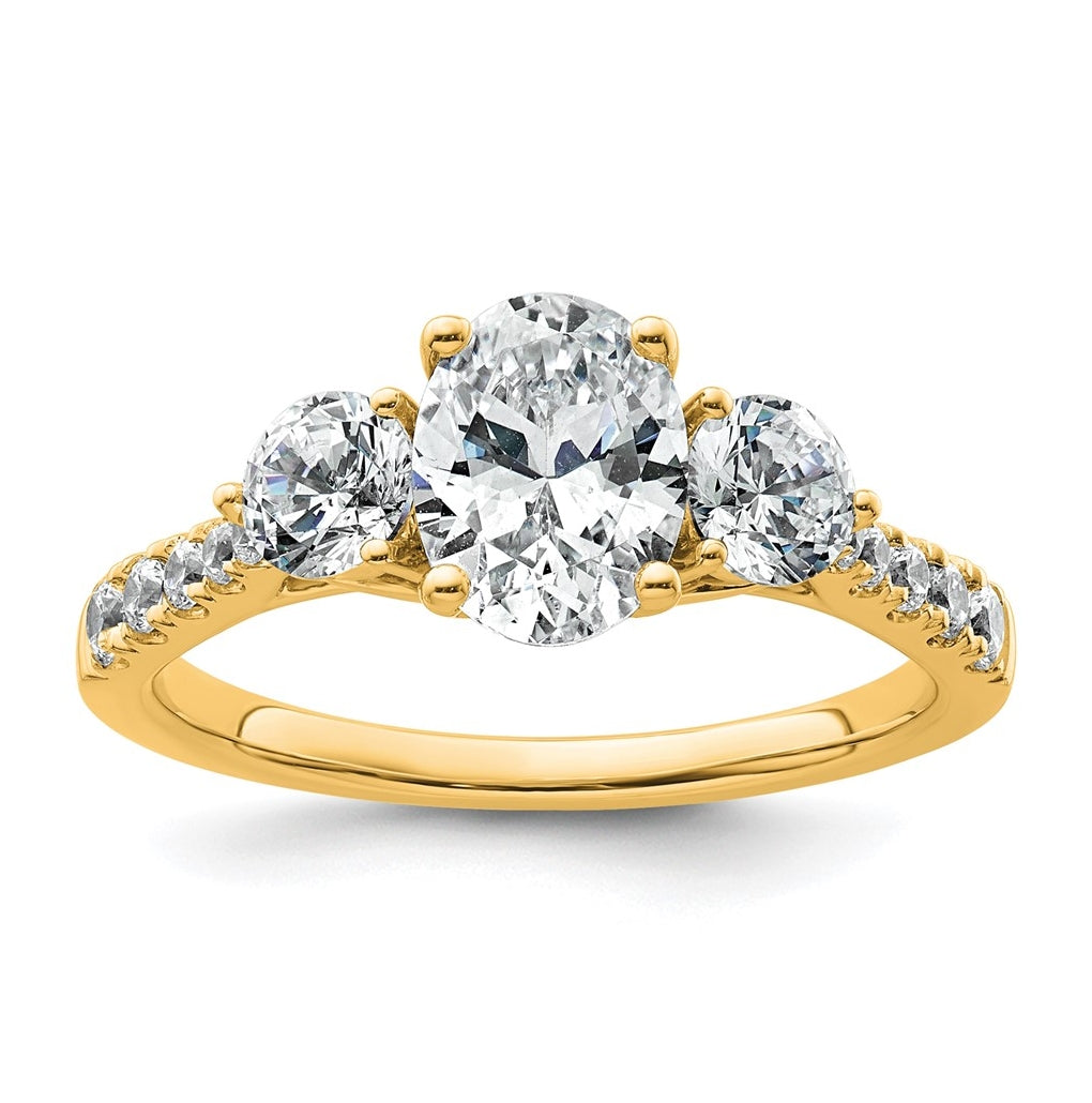 14k Yellow Gold 1 3/4 carat Certified Lab Grown Diamond VS+ F+ Oval and Round Complete Three Stone Engagement Ring