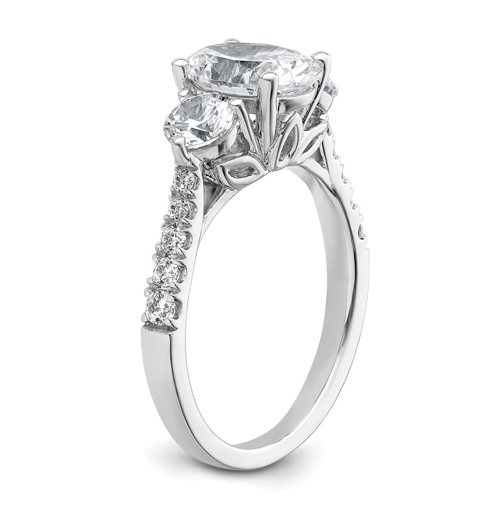 14k White Gold 2 1/2 carat Certified Lab Grown Diamond VS+ F+ Oval and Round Complete Three Stone Engagement Ring