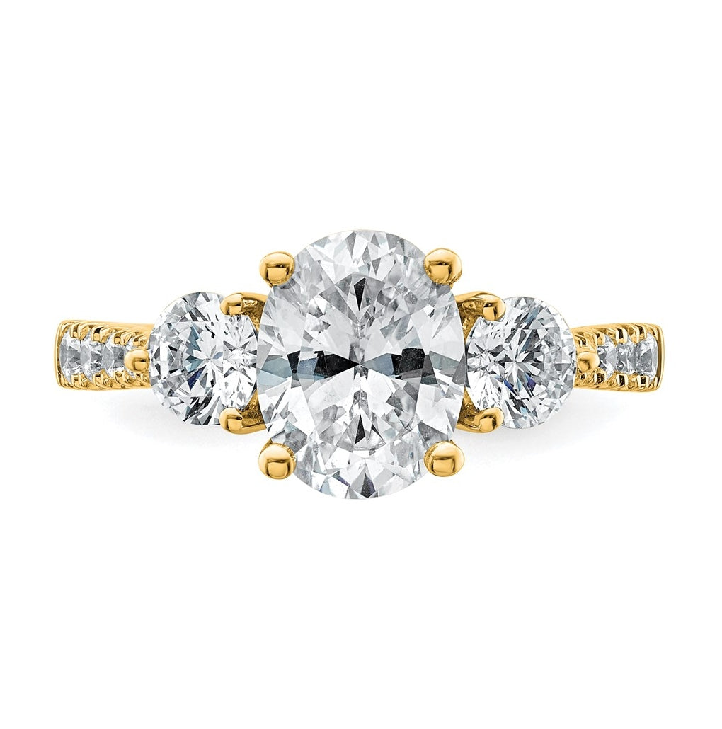 14k Yellow Gold 2 1/2 carat Certified Lab Grown Diamond VS+ F+ Oval and Round Complete Three Stone Engagement Ring