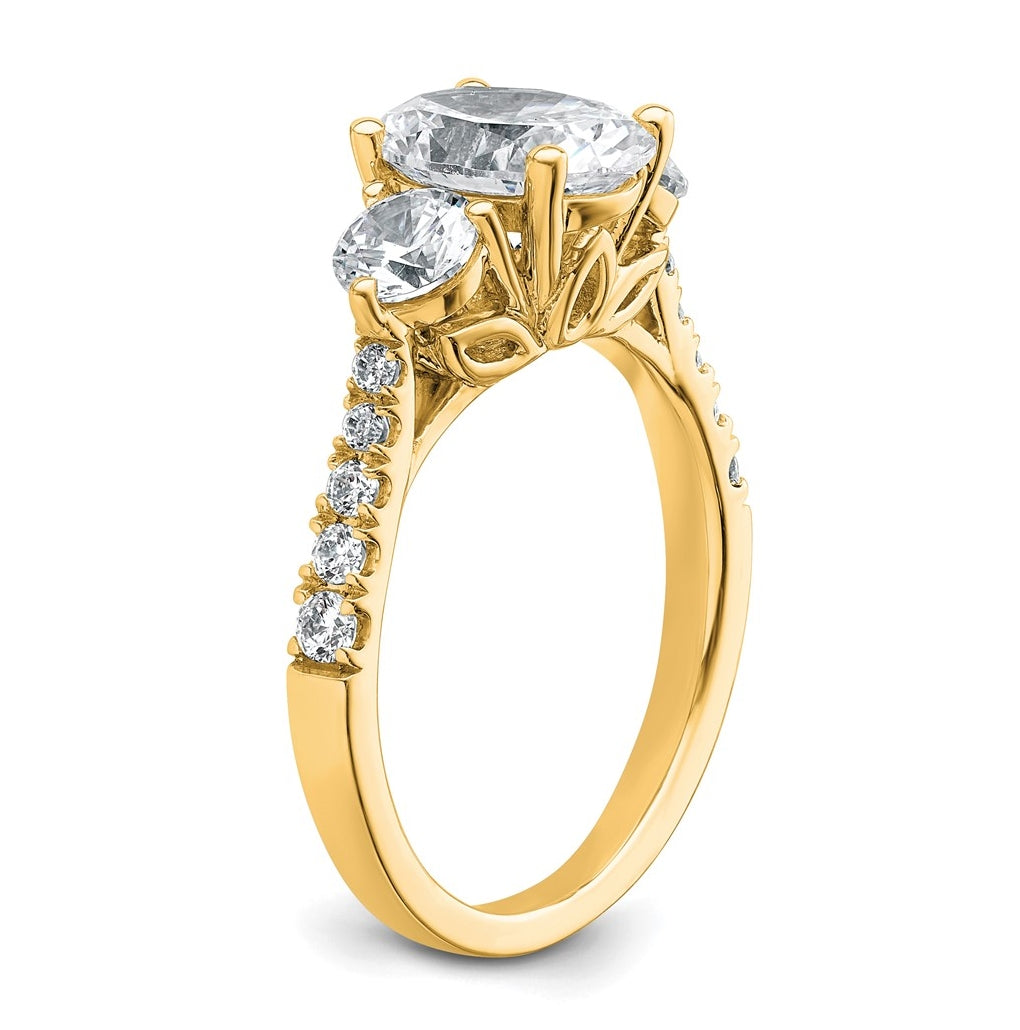 14k Yellow Gold 2 1/2 carat Certified Lab Grown Diamond VS+ F+ Oval and Round Complete Three Stone Engagement Ring