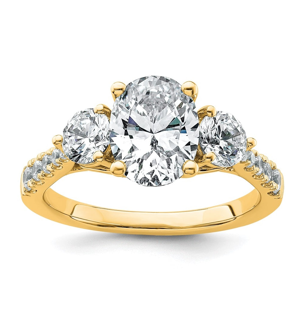 14k Yellow Gold 2 1/2 carat Certified Lab Grown Diamond VS+ F+ Oval and Round Complete Three Stone Engagement Ring