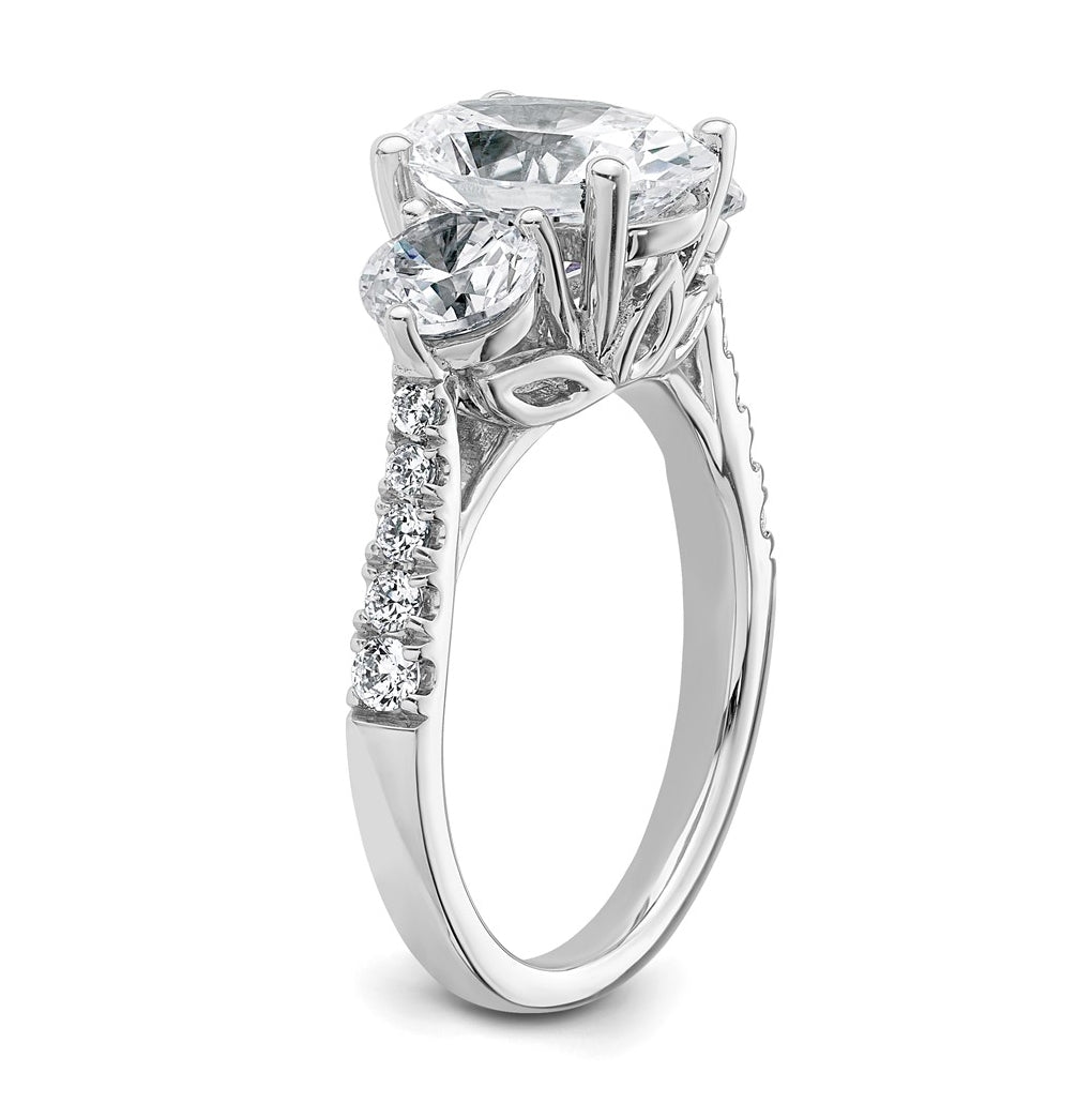 14k White Gold 3 1/4 carat Certified Lab Grown Diamond VS+ F+ Oval and Round Complete Three Stone Engagement Ring