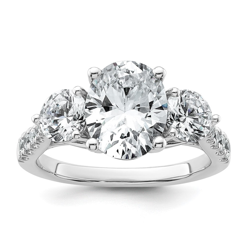 14k White Gold 3 1/4 carat Certified Lab Grown Diamond VS+ F+ Oval and Round Complete Three Stone Engagement Ring