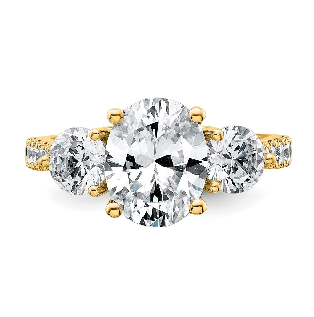14k Yellow Gold 3 1/4 carat Certified Lab Grown Diamond VS+ F+ Oval and Round Complete Three Stone Engagement Ring