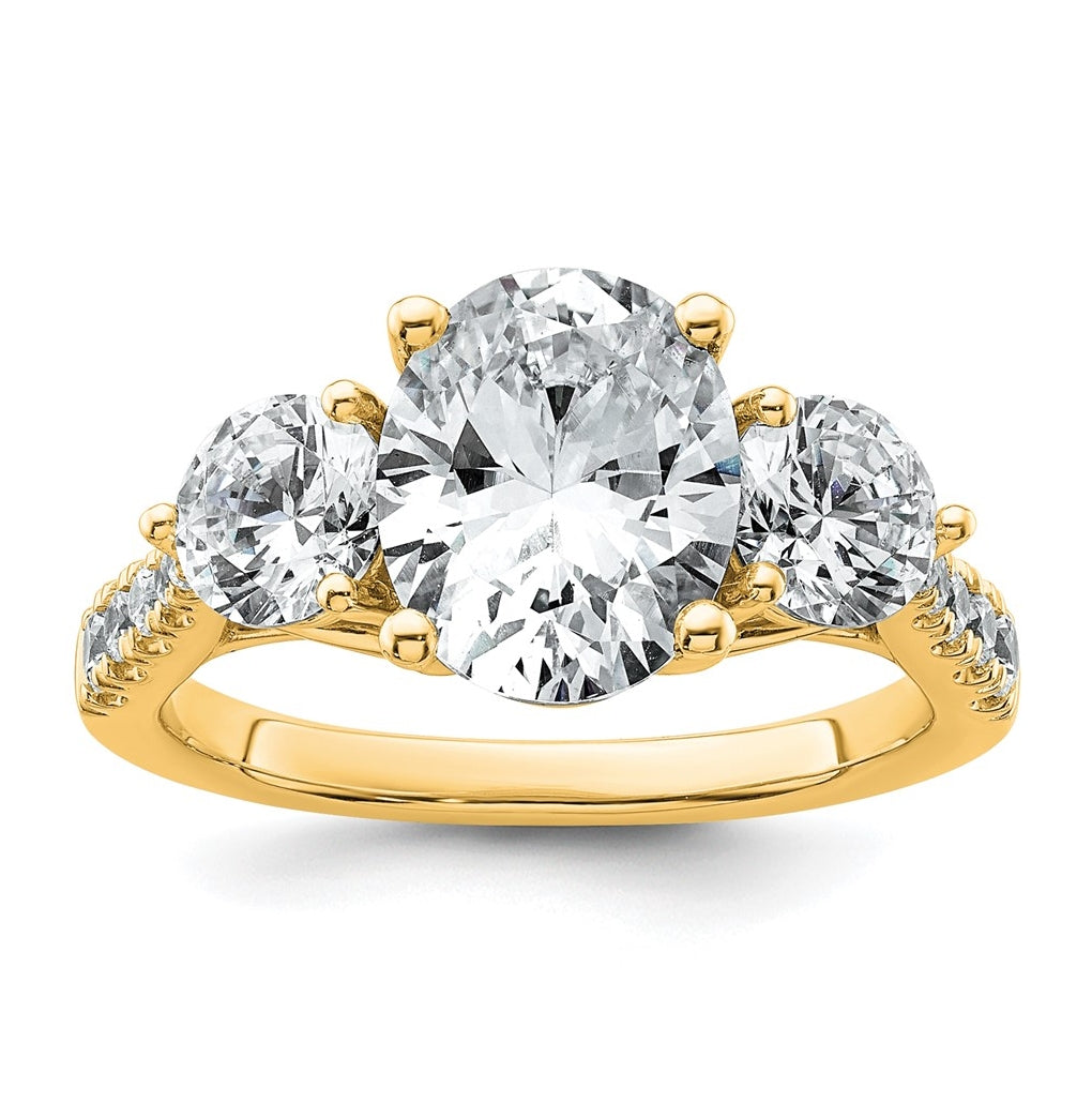 14k Yellow Gold 3 1/4 carat Certified Lab Grown Diamond VS+ F+ Oval and Round Complete Three Stone Engagement Ring