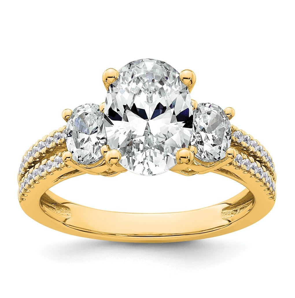14k Yellow Gold 2 5/8 carat Certified Lab Grown Diamond VS+ F+ Oval Complete Three Stone Engagement Ring