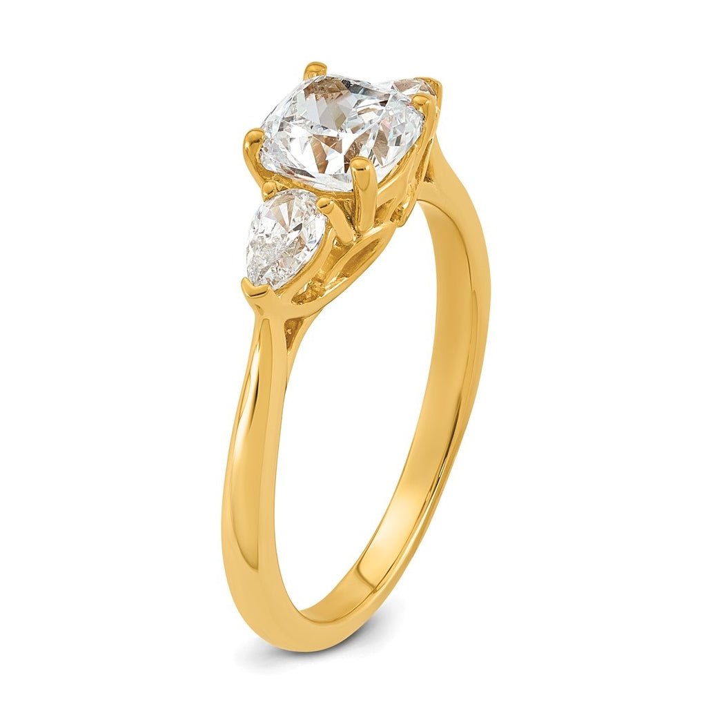 14K Yellow Or White Gold Certified Lab Grown Diamond VS+ F+ Complete Cushion and Pear Three Stone Engagement Ring