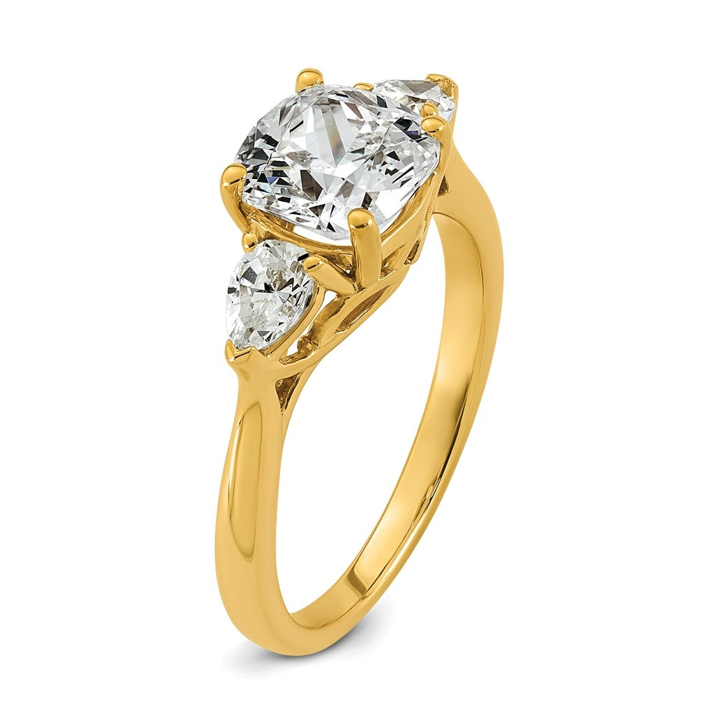 14K Yellow Or White Gold Certified Lab Grown Diamond VS+ F+ Complete Cushion and Pear Three Stone Engagement Ring