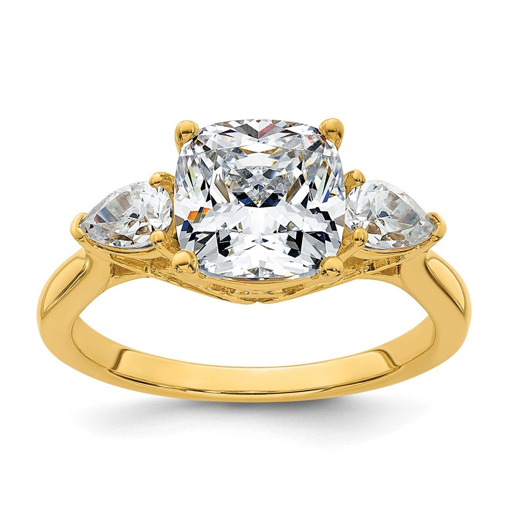 14K Yellow Or White Gold Lab Grown Diamond VS+ F+ Complete Cushion and Pear Three Stone Engagement Ring