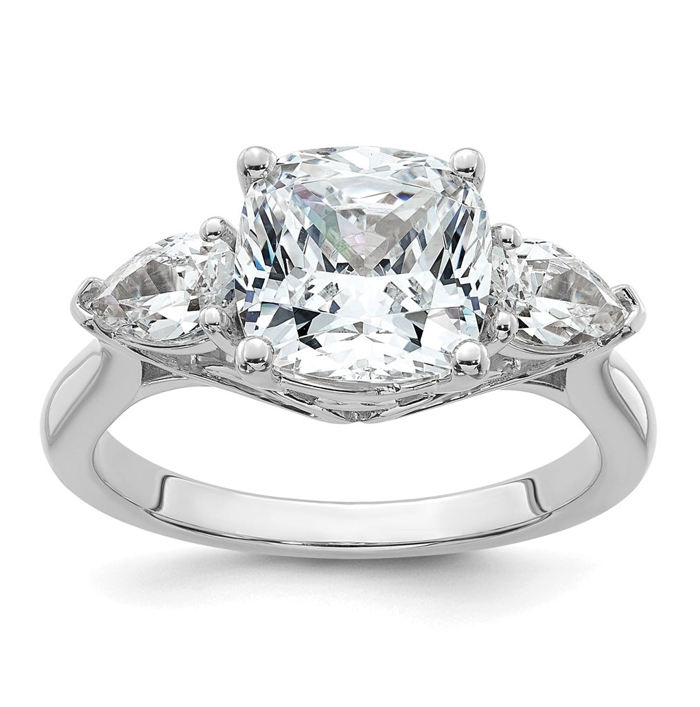 14K Yellow Or White Gold Lab Grown Diamond VS+ F+ Complete Cushion and Pear Three Stone Engagement Ring