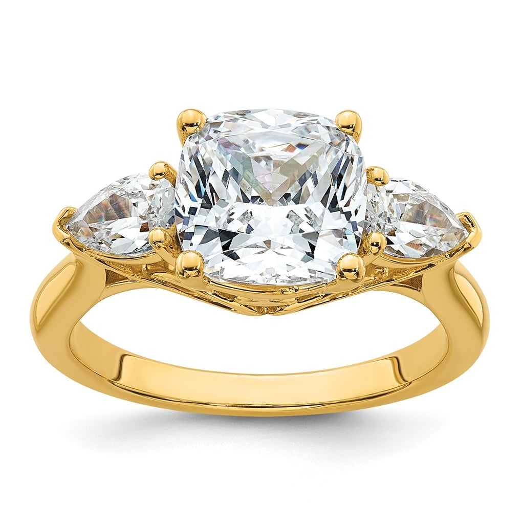 14K Yellow Or White Gold Lab Grown Diamond VS+ F+ Complete Cushion and Pear Three Stone Engagement Ring