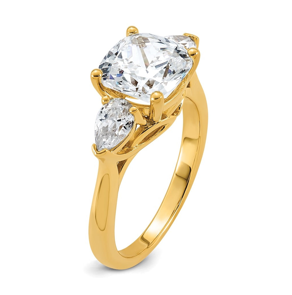 14K Yellow Or White Gold Certified Lab Grown Diamond VS+ F+ Complete Cushion and Pear Three Stone Engagement Ring