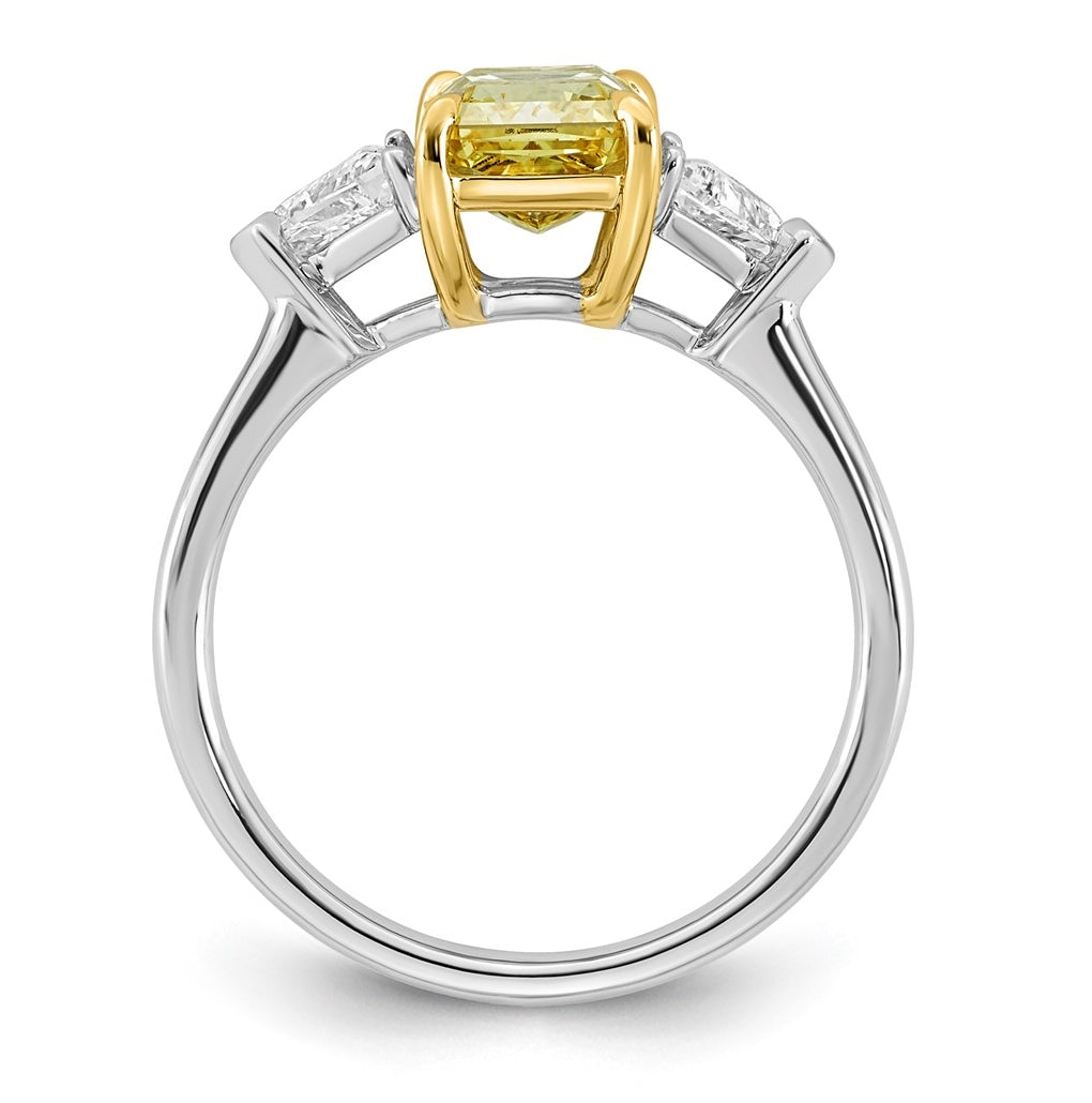 14k Two-Tone Gold 2 1/2ct Lab Grown Dia. Radiant VS+ Cert. Vivid Yellow & Trillion VS+
