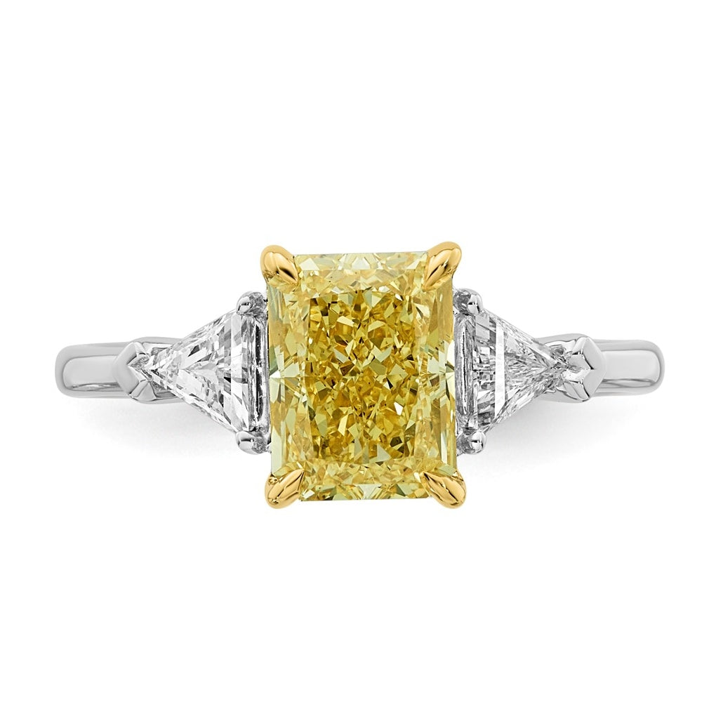 14k Two-Tone Gold 2 1/2ct Lab Grown Dia. Radiant VS+ Cert. Vivid Yellow & Trillion VS+